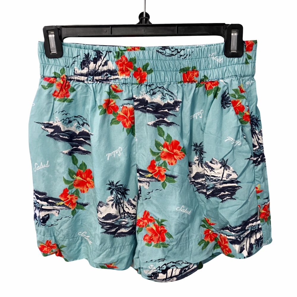 Brixton Paradise Tropical Shorts Canal Blue Hibiscus Relaxed Pull-On Size S